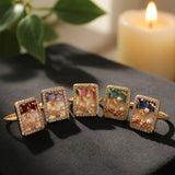 Floral Enamel Art Rectangle Ring with Pearl & Diamond Border