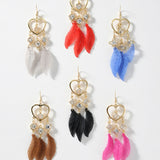 Gold Heart Crystal Feather Drop Earrings