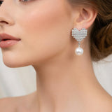 Crystal Heart Pearl Drop Earrings