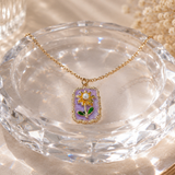 Lavender Enamel Sunflower & Pearl Rectangular Pendant Necklace – Gold