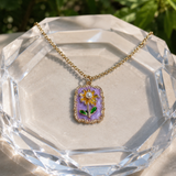 Lavender Enamel Sunflower & Pearl Rectangular Pendant Necklace – Gold