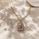 Lavender Enamel Sunflower & Pearl Rectangular Pendant Necklace – Gold
