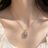 Lavender Enamel Sunflower & Pearl Rectangular Pendant Necklace – Gold