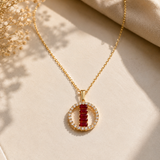 A Pack of three Ruby Baguette & Pavé Circle, Sequare & Egg shaped Pendant Necklace – Gold