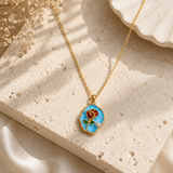 Blue Enamel Rose & Pearl Pendant Necklace – Gold