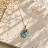 Blue Enamel Rose & Pearl Pendant Necklace – Gold