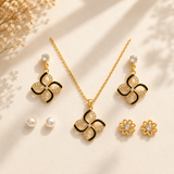 Black Enamel Clover Jewellery Set – Necklace, Drop & Stud Earrings