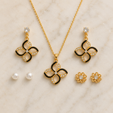 Black Enamel Clover Jewellery Set – Necklace, Drop & Stud Earrings