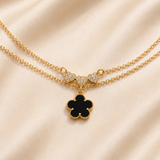 Black Clover & Pavé Heart Double Chain Necklace – Gold