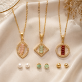 A Pack of three Ruby Baguette & Pavé Circle, Sequare & Egg shaped Pendant Necklace – Gold