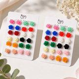 Multicolour Rose Flower Stud Earrings Set — 12 Pairs