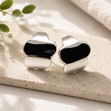 Silver & Black Enamel Chunky Heart Stud Earrings