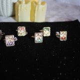 Floral Enamel Art Rectangle Ring with Pearl & Diamond Border