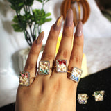 Floral Enamel Art Rectangle Ring with Pearl & Diamond Border