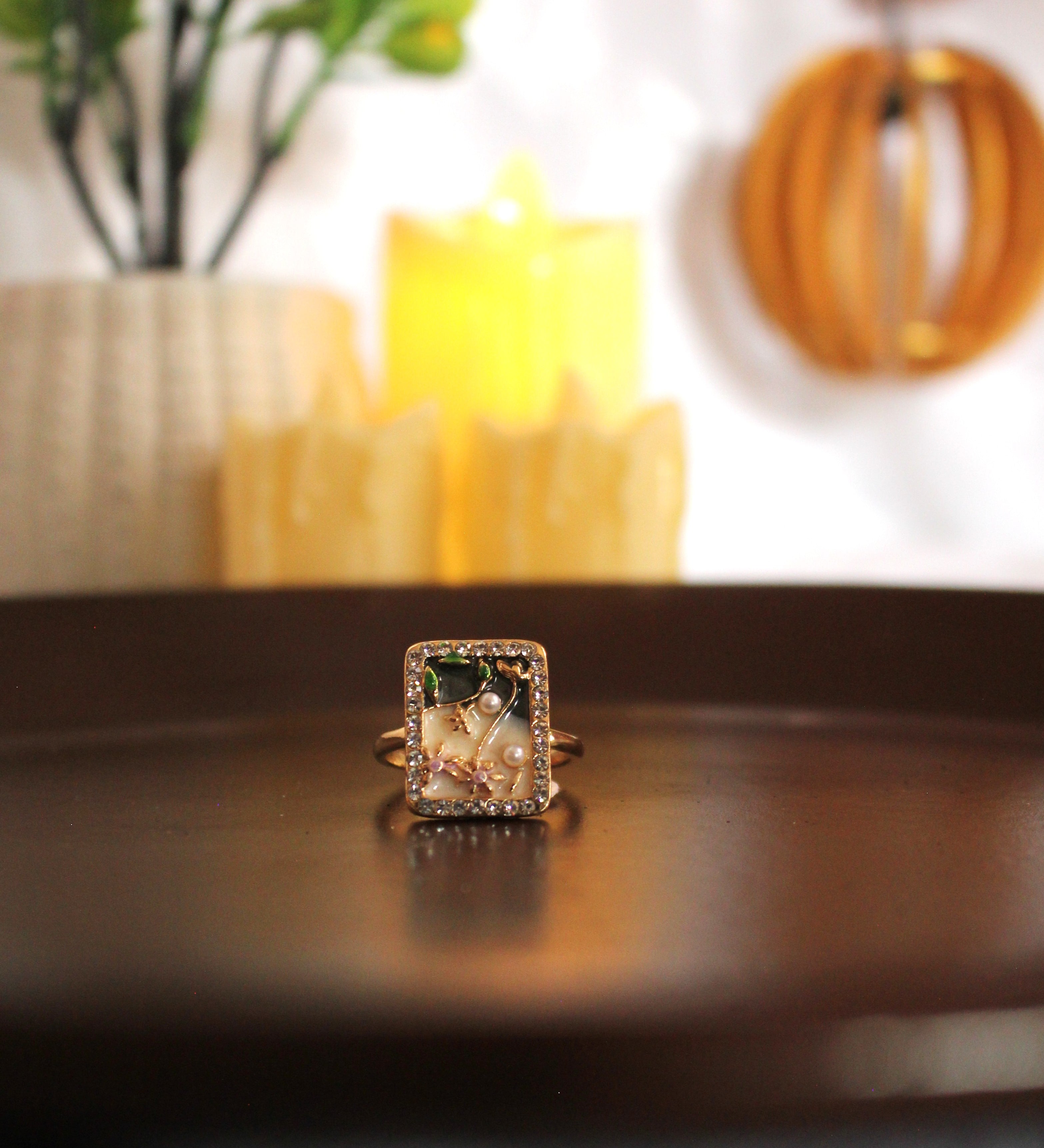 Floral Enamel Art Rectangle Ring with Pearl & Diamond Border
