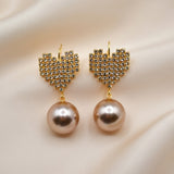 Crystal Heart Pearl Drop Earrings