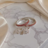 Ruby Red Crystal Silver Bangle Set with Floral Charms