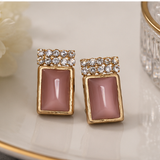 Pink Opal Rectangle Crystal Stud Earrings
