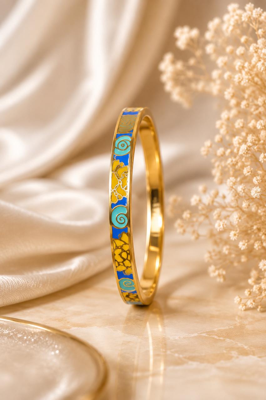 Blue & Gold Floral Enamel Bangle