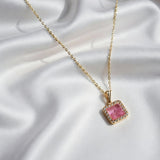 Rose Quartz Square Pendant Necklace – Gold & Crystal Halo
