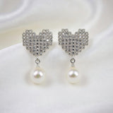 Crystal Heart Pearl Drop Earrings