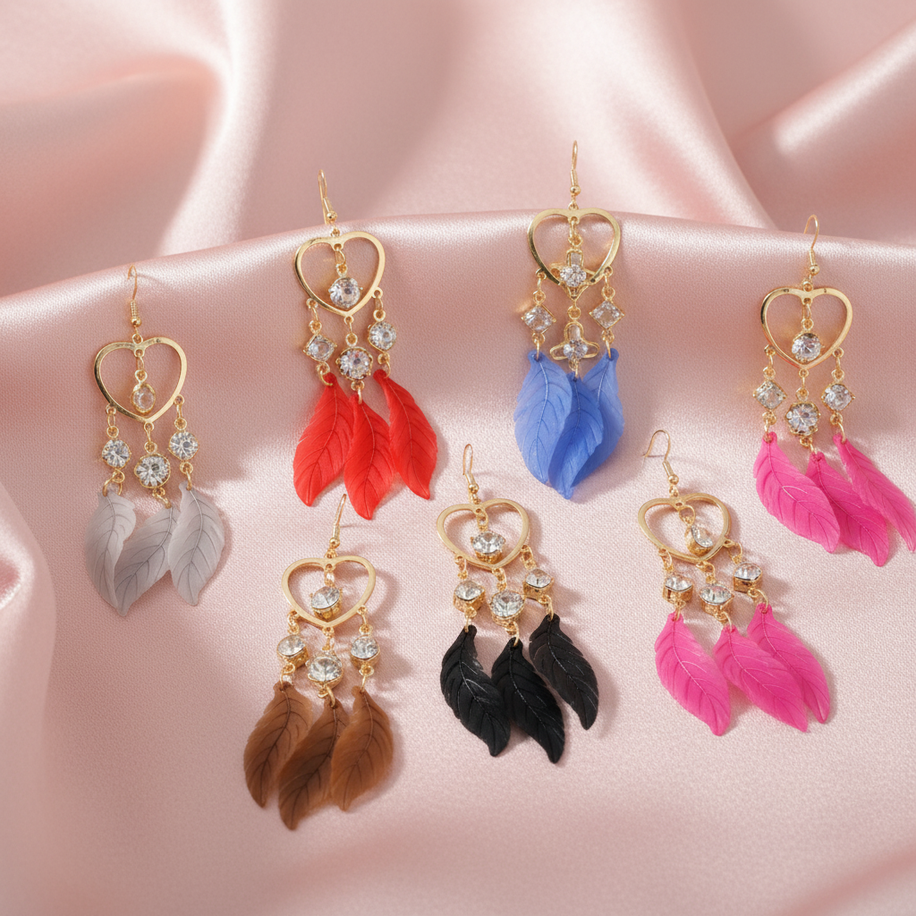 Gold Heart Crystal Feather Drop Earrings on Blush Satin