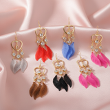 Gold Heart Crystal Feather Drop Earrings on Blush Satin
