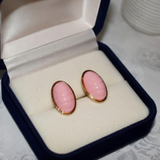 Pink Oval Cabochon Gold Frame Stud Earrings