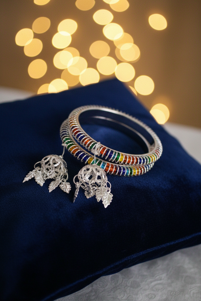Rainbow Enamel Silver Bangles and Jhumka Set on Navy Blue Velvet