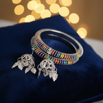 Rainbow Enamel Silver Bangles and Jhumka Set on Navy Blue Velvet