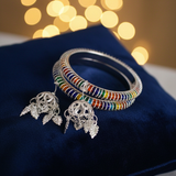 Rainbow Enamel Silver Bangles and Jhumka Set on Navy Blue Velvet