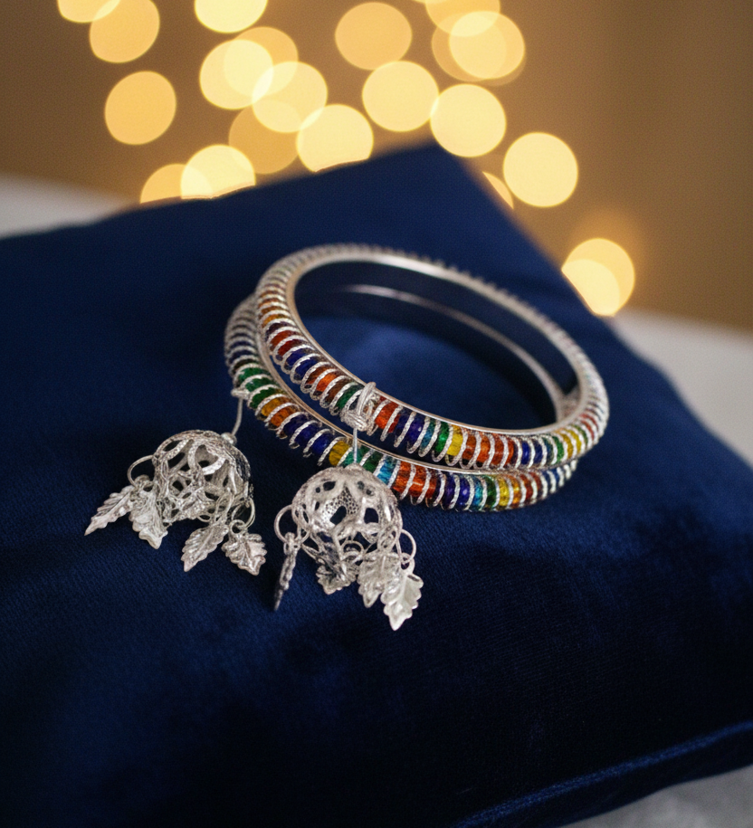 Rainbow Enamel Silver Bangles and Jhumka Set on Navy Blue Velvet