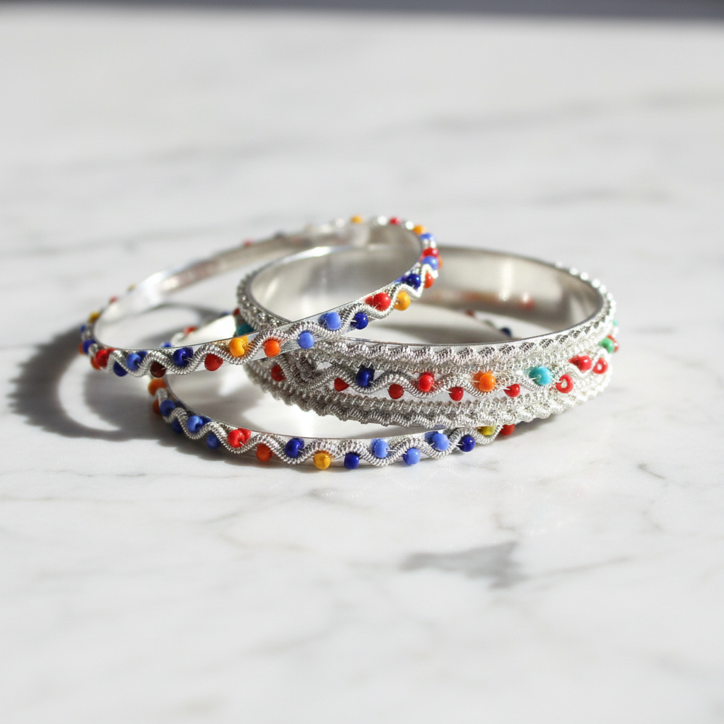 Silver Beaded Bangles - White Marble