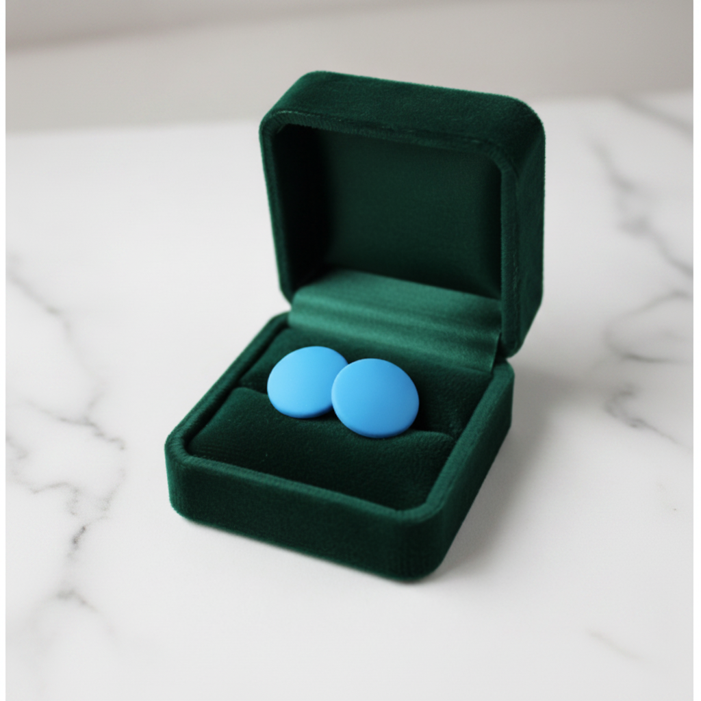 Blue Matte Round Stud Earrings on White Marble