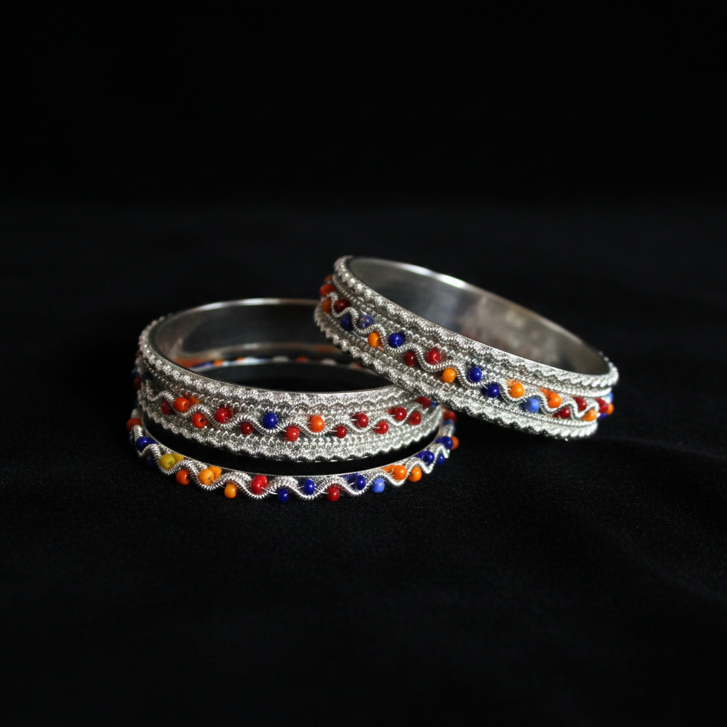 Silver Beaded Bangles - Black Background