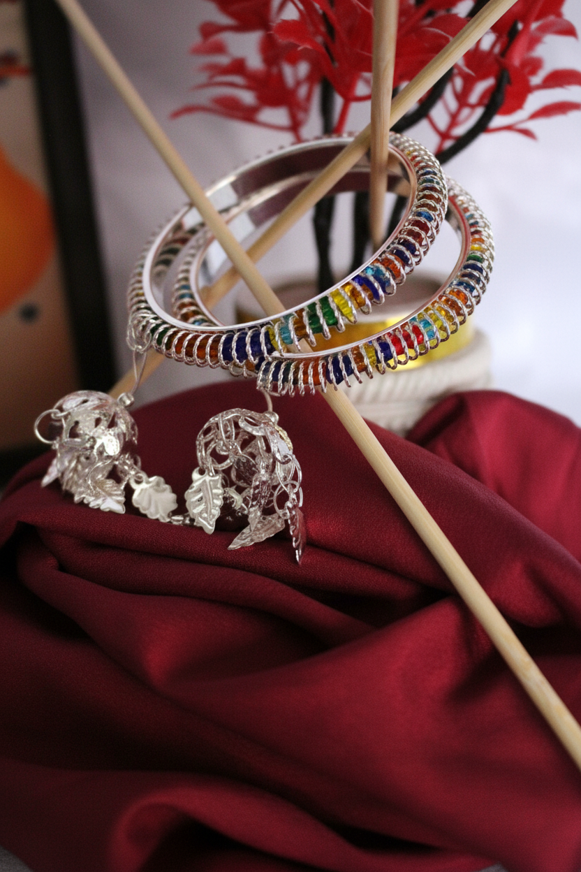 Rainbow Enamel Silver Bangles and Jhumka Set on Burgundy Silk