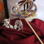 Rainbow Enamel Silver Bangles and Jhumka Set on Burgundy Silk