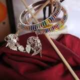 Rainbow Enamel Silver Bangles and Jhumka Set on Burgundy Silk