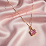 Rose Quartz Square Pendant Necklace – Gold & Crystal Halo